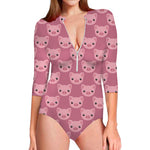 Cute Pink Pig Pattern Print Long Sleeve Swimsuit