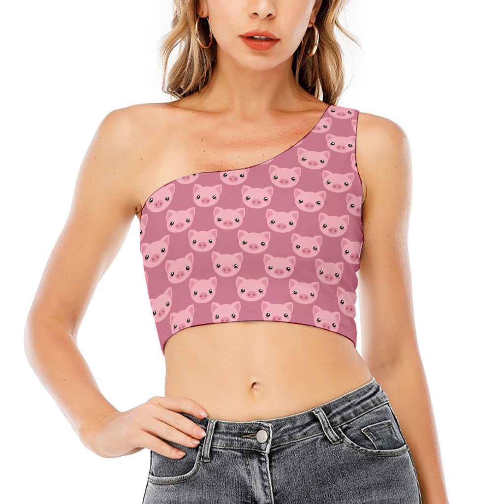Cute Pink Pig Pattern Print One Shoulder Crop Top