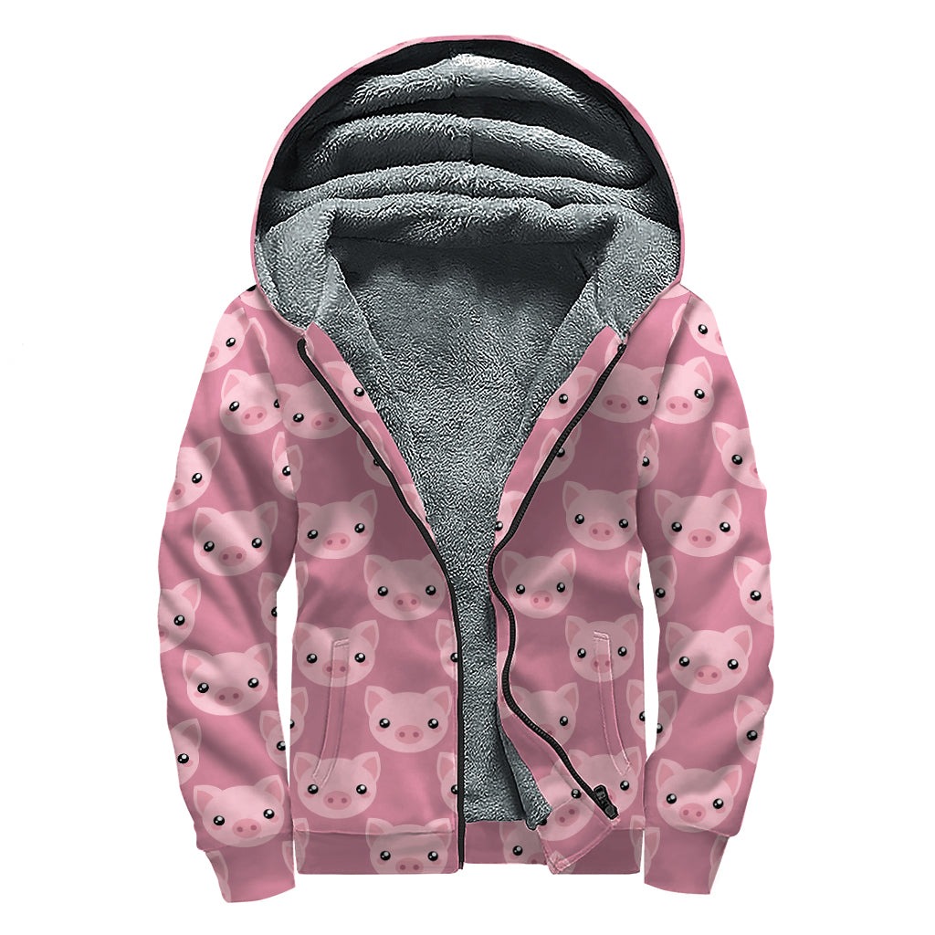Cute Pink Pig Pattern Print Sherpa Lined Zip Up Hoodie