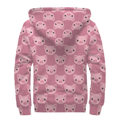 Cute Pink Pig Pattern Print Sherpa Lined Zip Up Hoodie