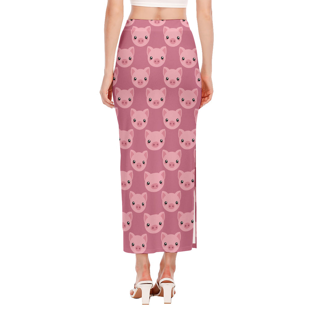 Cute Pink Pig Pattern Print Side Slit Maxi Skirt