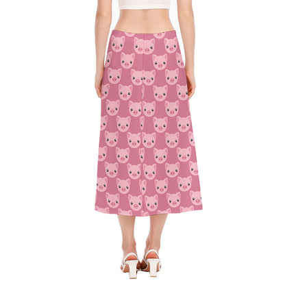 Cute Pink Pig Pattern Print Side Slit Midi Skirt