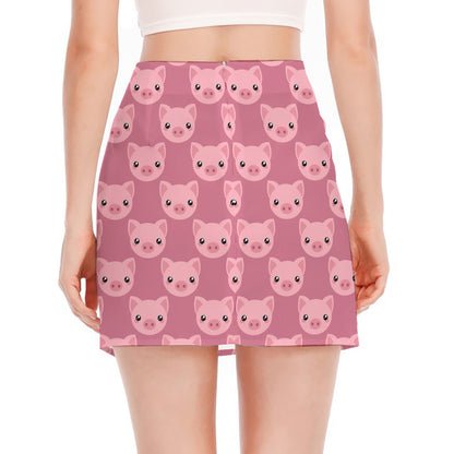 Cute Pink Pig Pattern Print Side Slit Mini Skirt