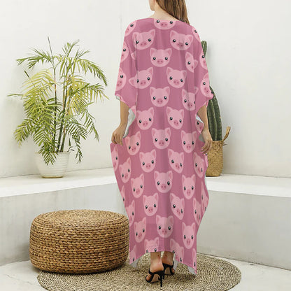 Cute Pink Pig Pattern Print Silk V-Neck Kaftan Dress