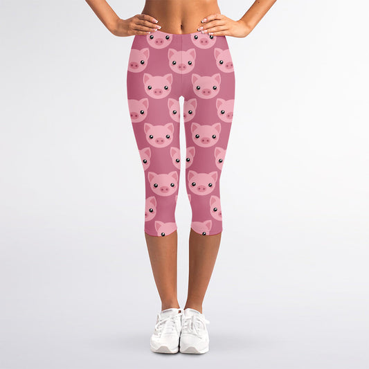 Cute Pink Pig Pattern Print Women's Capri Leggings