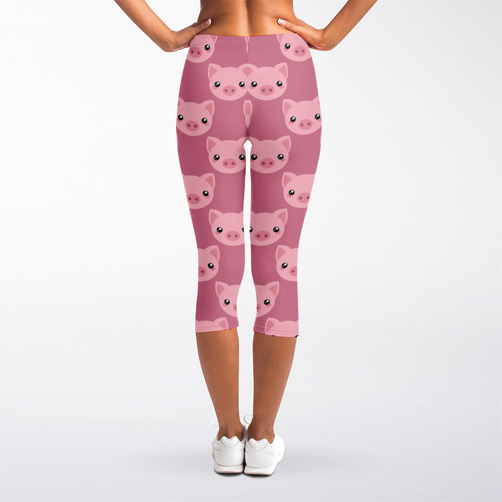 Cute Pink Pig Pattern Print Women's Capri Leggings