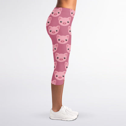 Cute Pink Pig Pattern Print Women's Capri Leggings