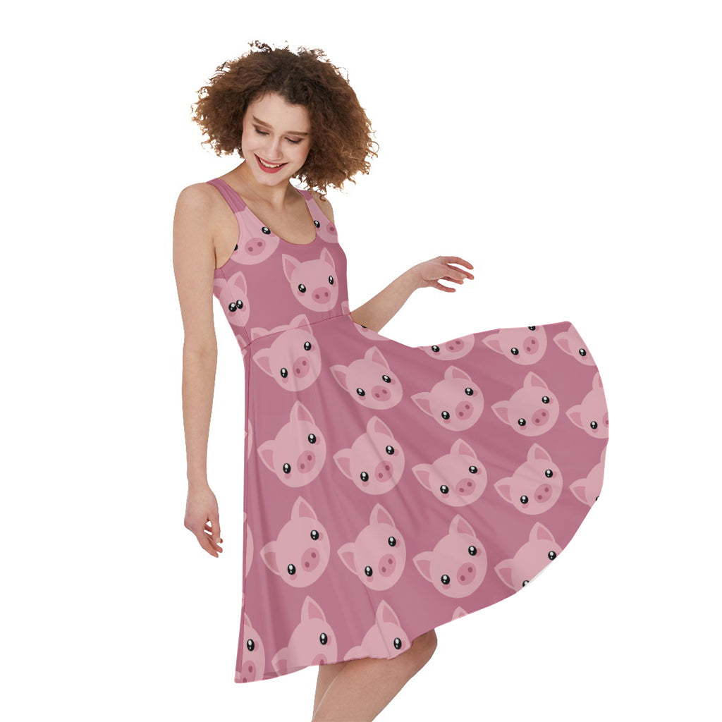 Cute Pink Pig Pattern Print Women's Sleeveless Dress