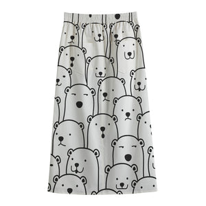 Cute Polar Bear Pattern Print Cotton Front Slit Maxi Skirt