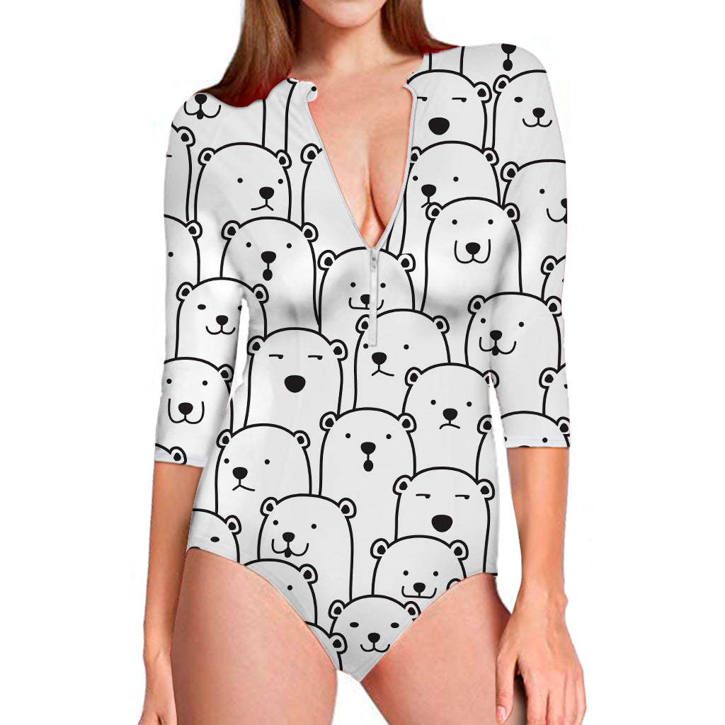 Cute Polar Bear Pattern Print Long Sleeve Swimsuit