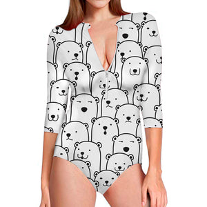 Cute Polar Bear Pattern Print Long Sleeve Swimsuit