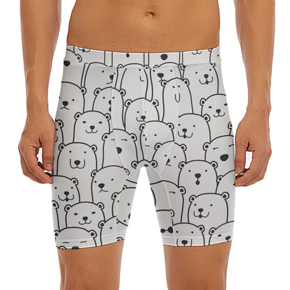 Cute Polar Bear Pattern Print Men's Long Boxer Briefs