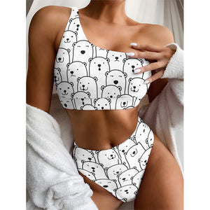 Cute Polar Bear Pattern Print One Shoulder Bikini Top