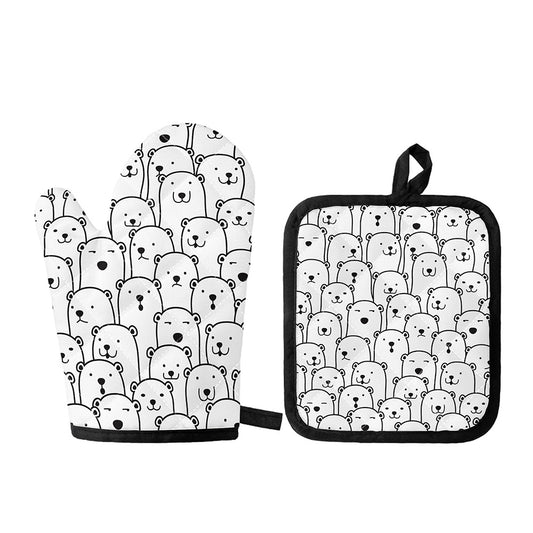 Cute Polar Bear Pattern Print Oven Mitt And Pot Holder Set