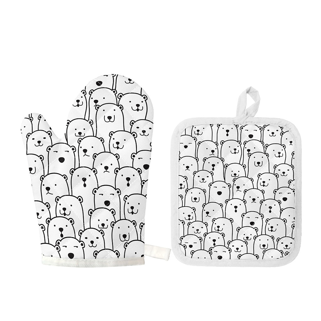 Cute Polar Bear Pattern Print Oven Mitt And Pot Holder Set