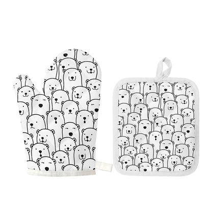 Cute Polar Bear Pattern Print Oven Mitt And Pot Holder Set