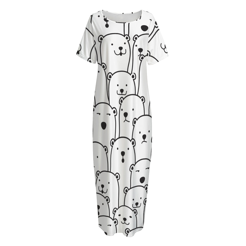 Cute Polar Bear Pattern Print Short Sleeve Long Nightdress