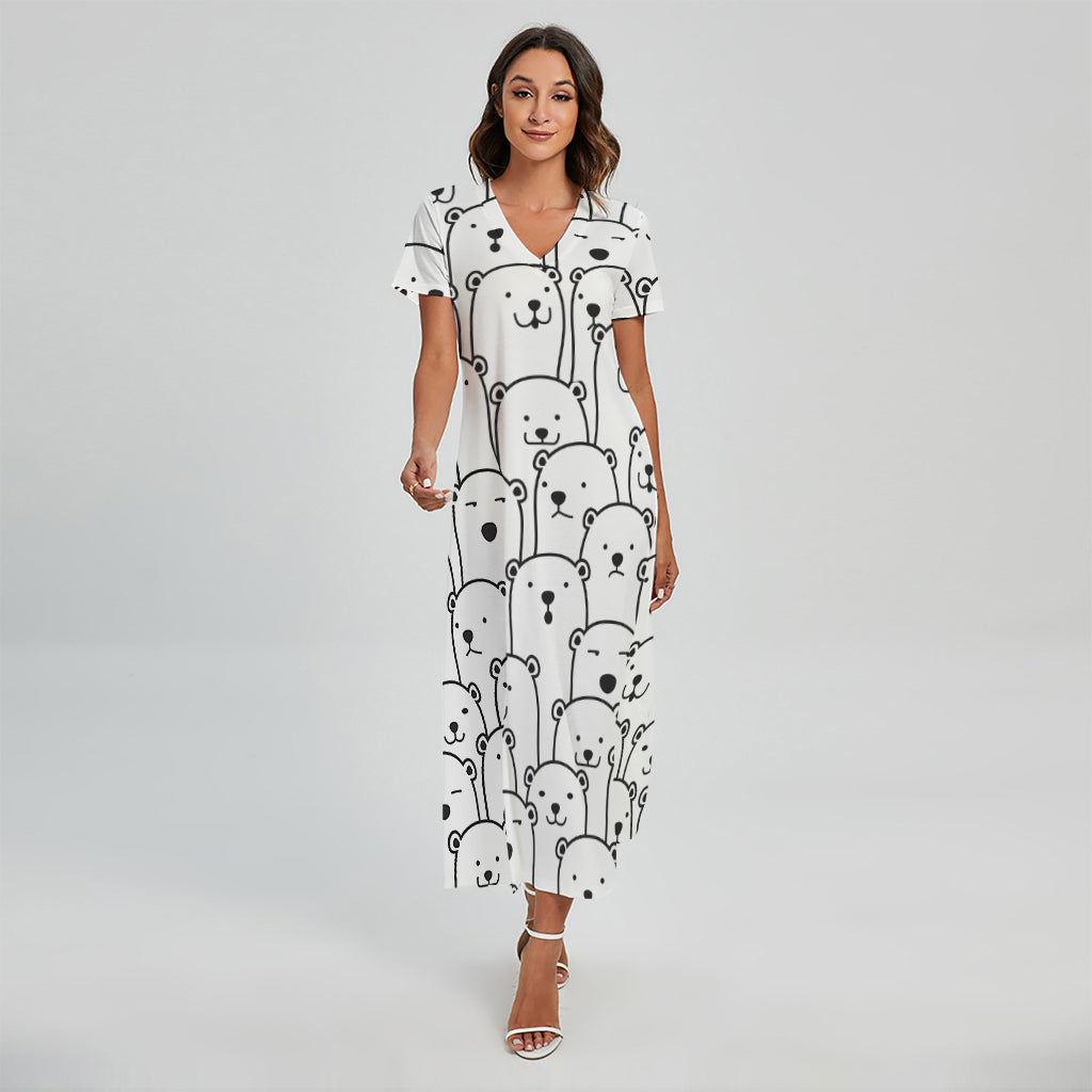 Cute Polar Bear Pattern Print Short Sleeve Maxi Dress