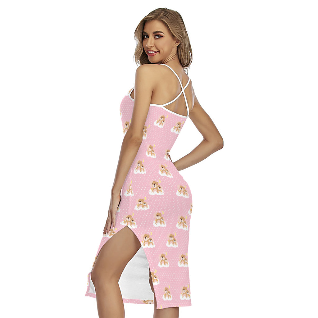 Cute Polka Dot Baby Bear Pattern Print Cross Back Cami Dress