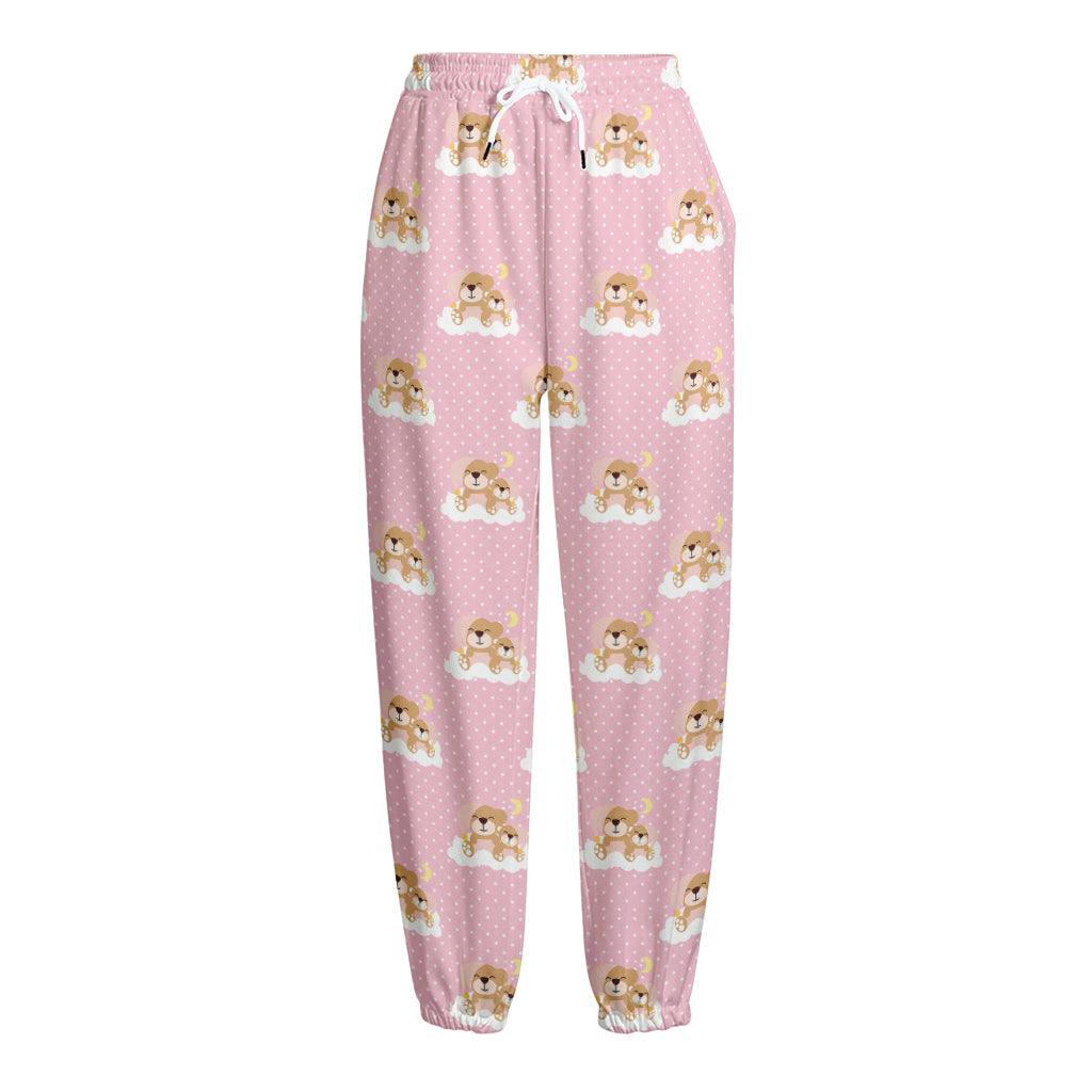 Cute Polka Dot Baby Bear Pattern Print Fleece Lined Knit Pants
