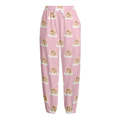 Cute Polka Dot Baby Bear Pattern Print Fleece Lined Knit Pants