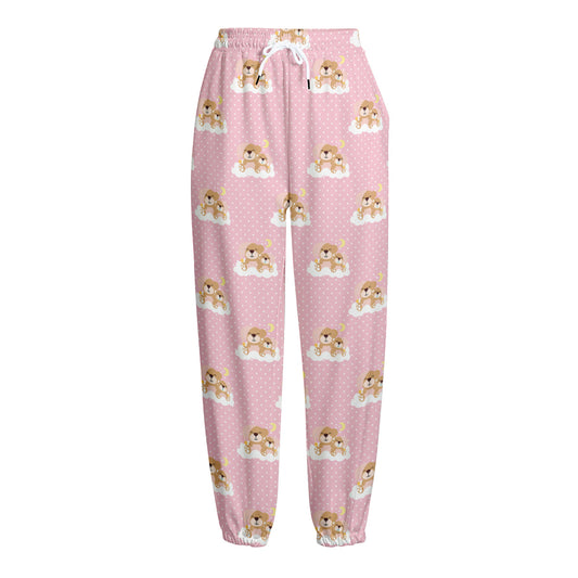 Cute Polka Dot Baby Bear Pattern Print Fleece Lined Knit Pants