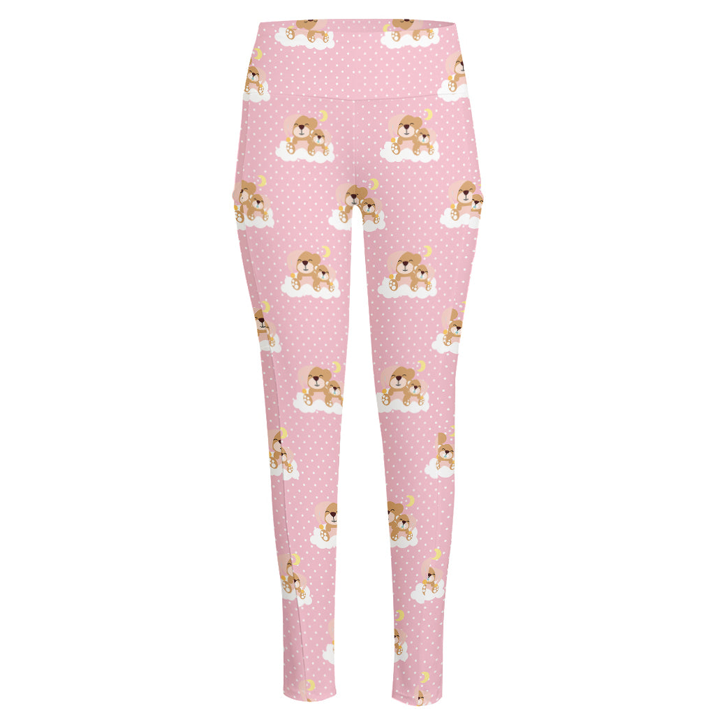 Cute Polka Dot Baby Bear Pattern Print High-Waisted Pocket Leggings