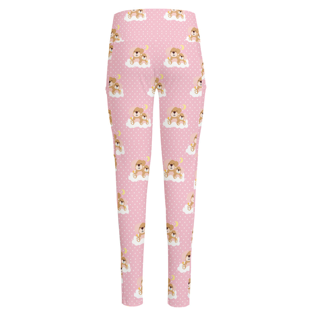 Cute Polka Dot Baby Bear Pattern Print High-Waisted Pocket Leggings