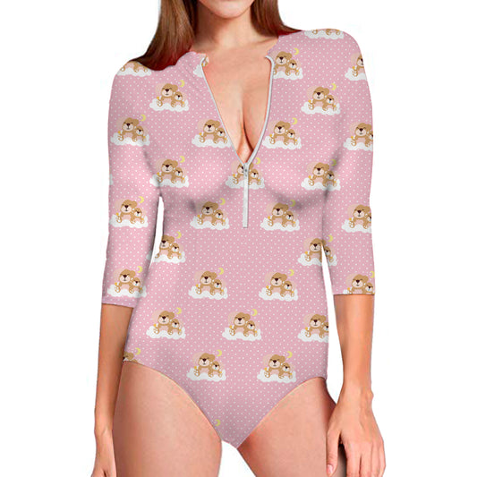 Cute Polka Dot Baby Bear Pattern Print Long Sleeve Swimsuit