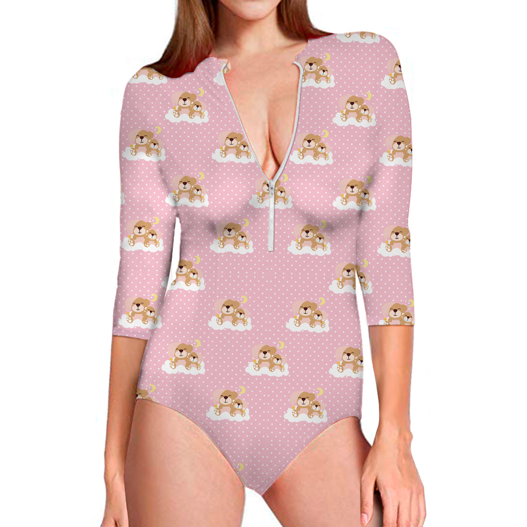 Cute Polka Dot Baby Bear Pattern Print Long Sleeve Swimsuit