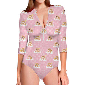 Cute Polka Dot Baby Bear Pattern Print Long Sleeve Swimsuit