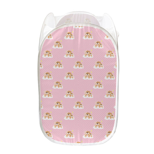 Cute Polka Dot Baby Bear Pattern Print Mesh Laundry Hamper