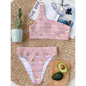 Cute Polka Dot Baby Bear Pattern Print One Shoulder Bikini Top