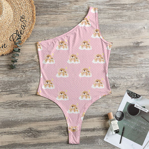 Cute Polka Dot Baby Bear Pattern Print One Shoulder Bodysuit