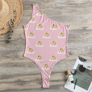 Cute Polka Dot Baby Bear Pattern Print One Shoulder Bodysuit