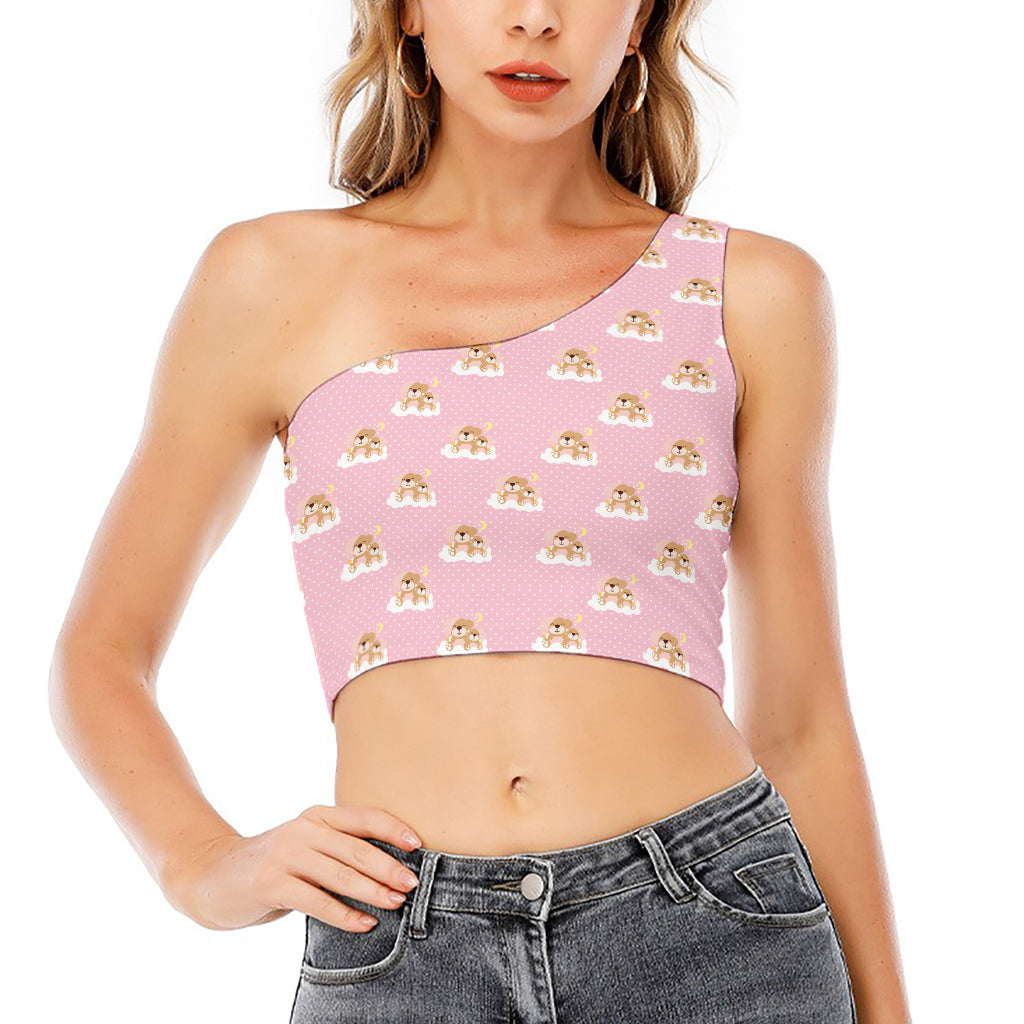 Cute Polka Dot Baby Bear Pattern Print One Shoulder Crop Top