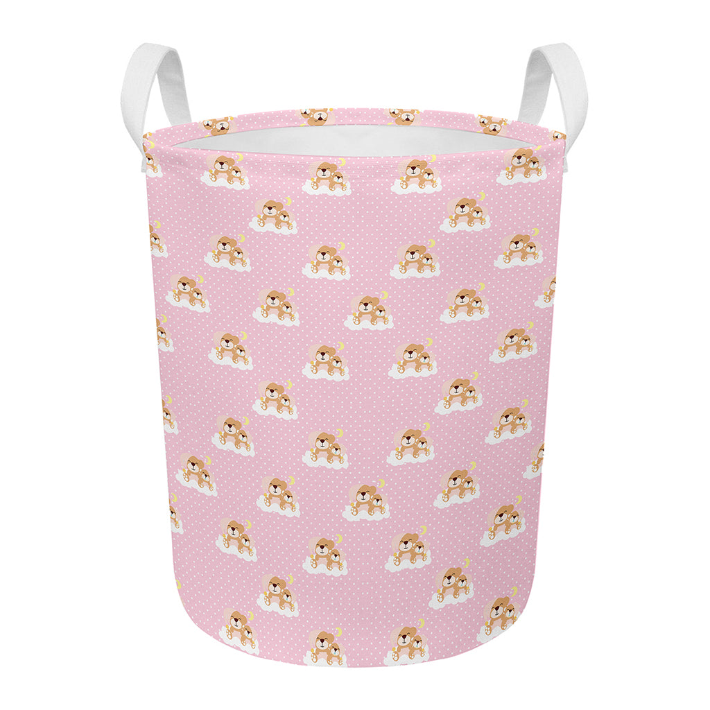 Cute Polka Dot Baby Bear Pattern Print Round Laundry Basket