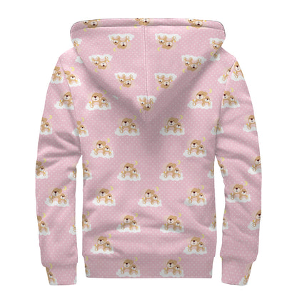 Cute Polka Dot Baby Bear Pattern Print Sherpa Lined Zip Up Hoodie