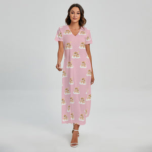 Cute Polka Dot Baby Bear Pattern Print Short Sleeve Maxi Dress