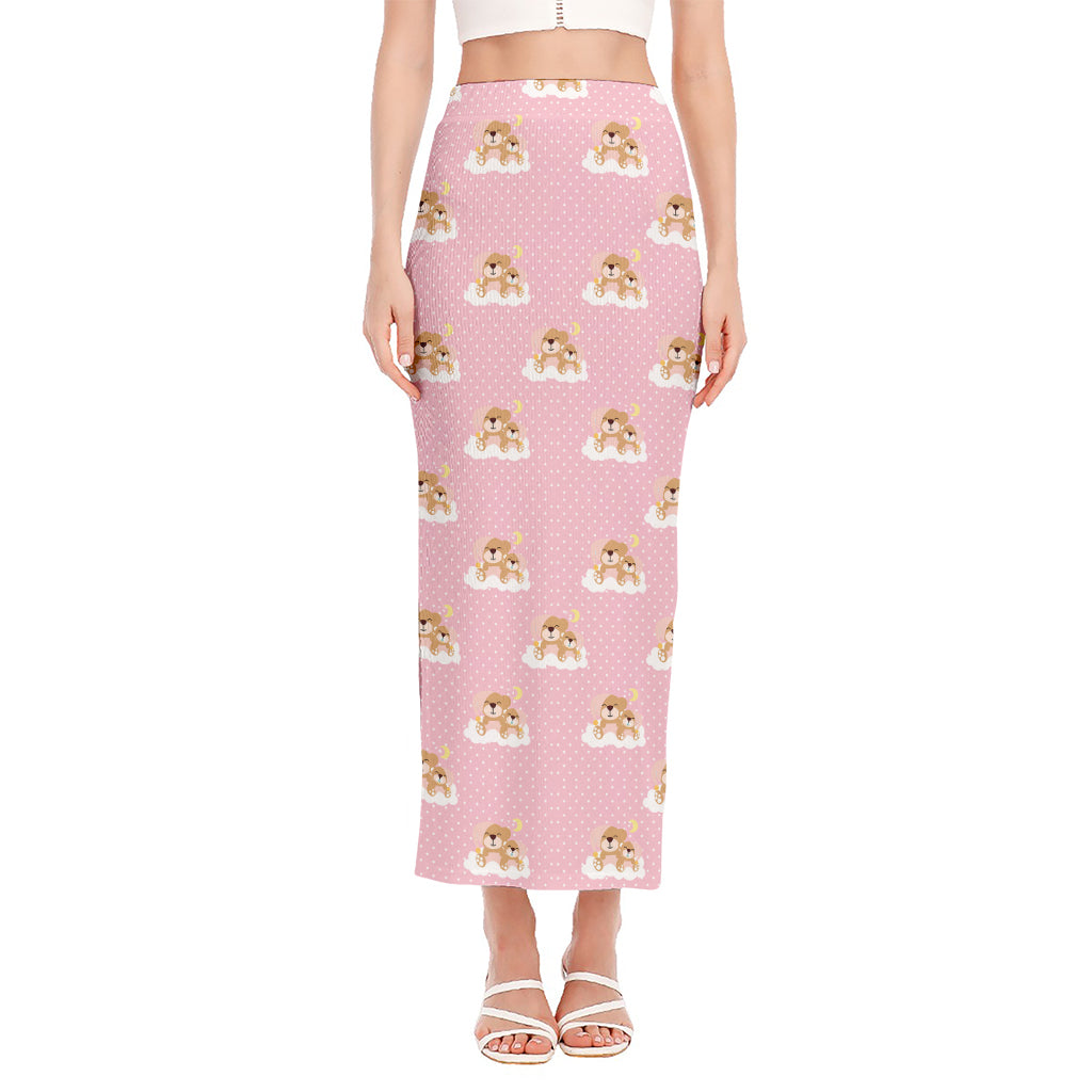 Cute Polka Dot Baby Bear Pattern Print Side Slit Maxi Skirt