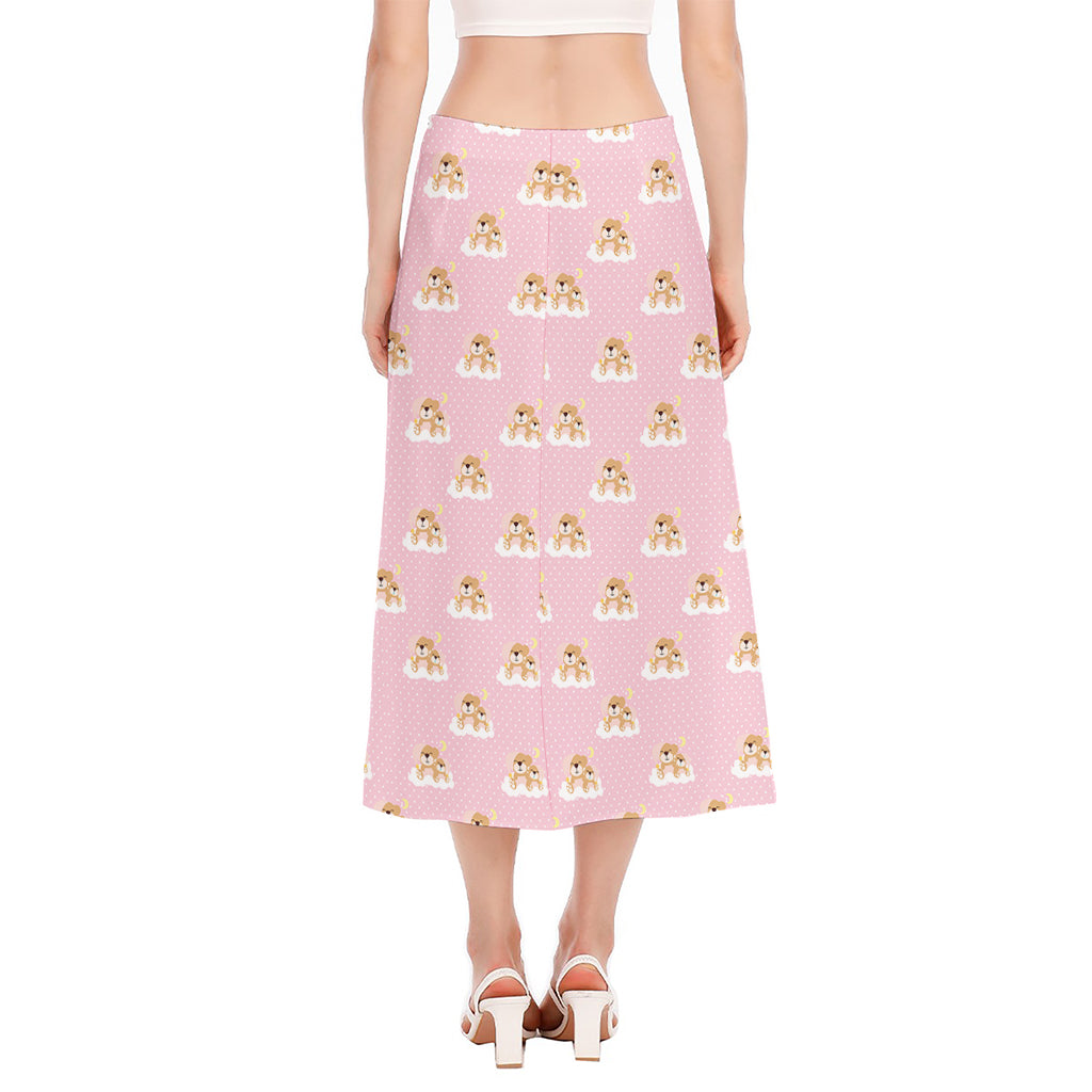 Cute Polka Dot Baby Bear Pattern Print Side Slit Midi Skirt