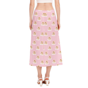 Cute Polka Dot Baby Bear Pattern Print Side Slit Midi Skirt