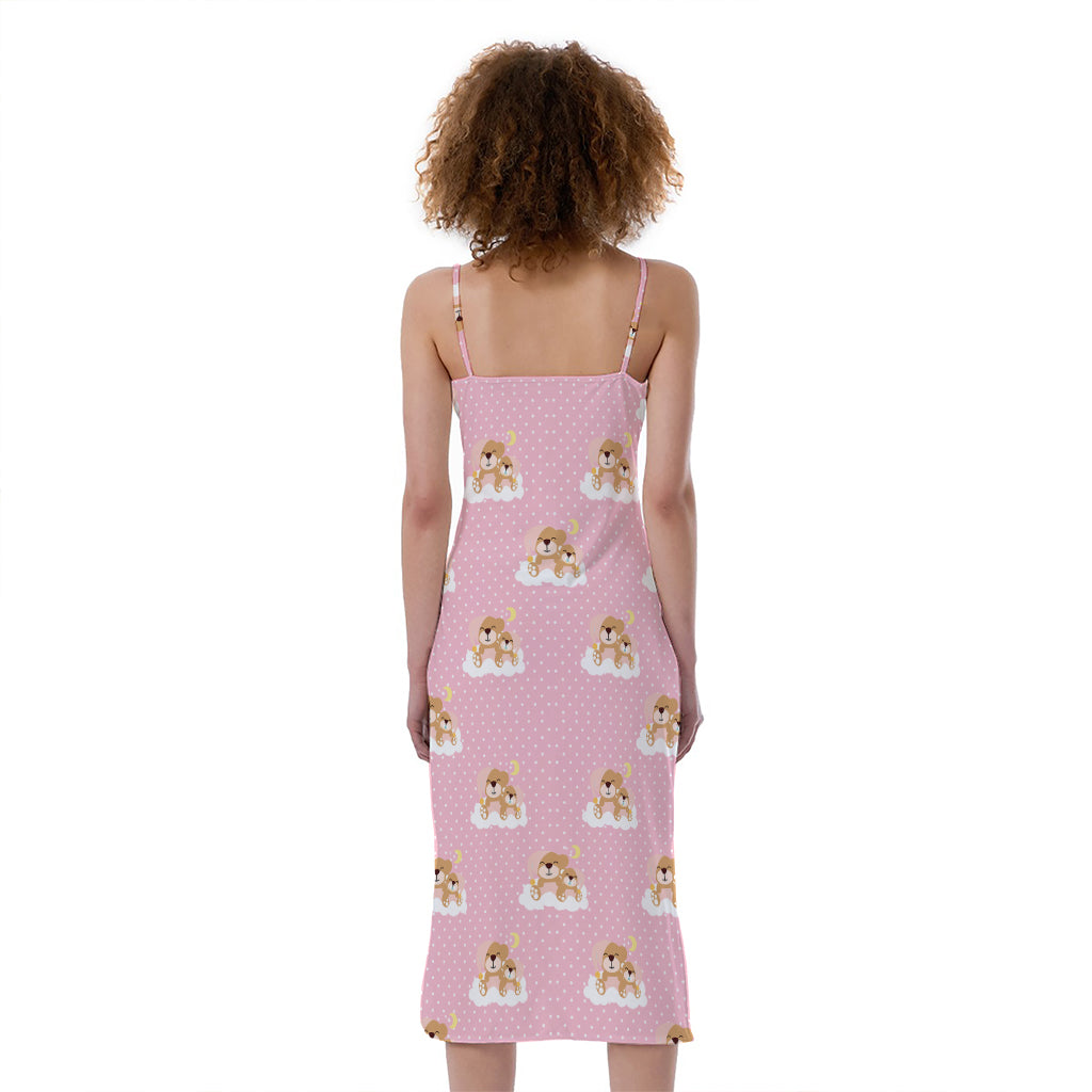 Cute Polka Dot Baby Bear Pattern Print Slim Fit Midi Cami Dress