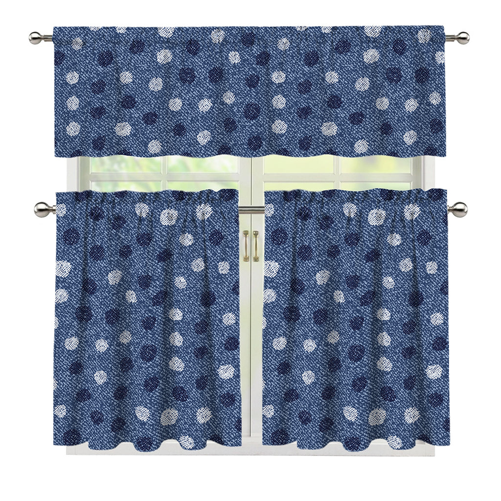 Cute Polka Dot Denim Jeans Pattern Print 3 Piece Kitchen Curtains