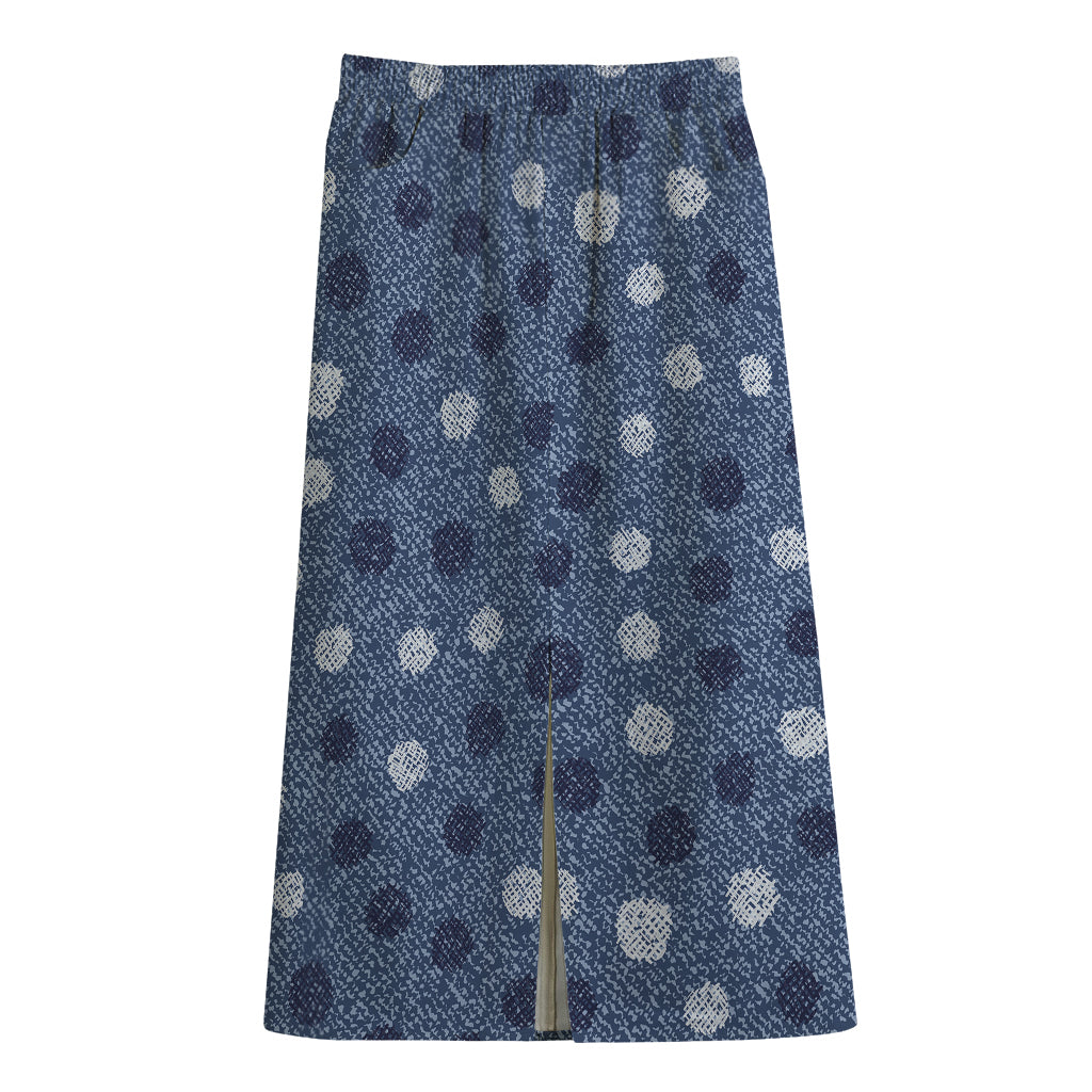 Cute Polka Dot Denim Jeans Pattern Print Cotton Front Slit Maxi Skirt