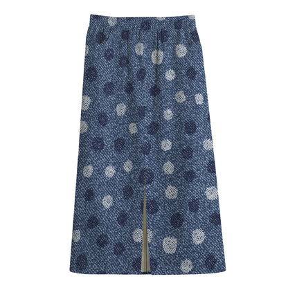 Cute Polka Dot Denim Jeans Pattern Print Cotton Front Slit Maxi Skirt
