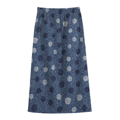 Cute Polka Dot Denim Jeans Pattern Print Cotton Front Slit Maxi Skirt
