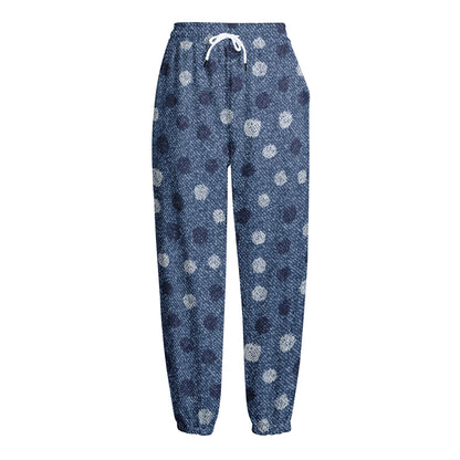 Cute Polka Dot Denim Jeans Pattern Print Fleece Lined Knit Pants