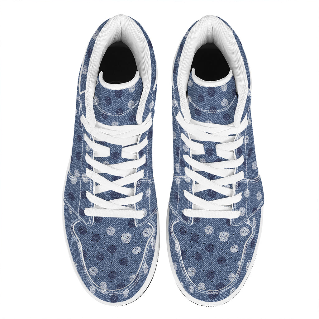 Cute Polka Dot Denim Jeans Pattern Print High Top Leather Sneakers