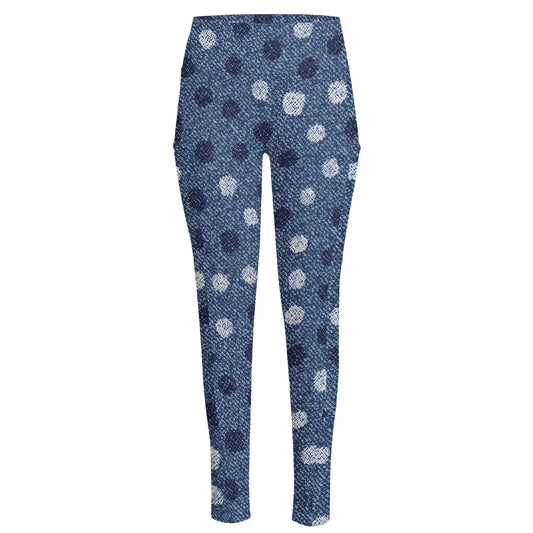 Cute Polka Dot Denim Jeans Pattern Print High-Waisted Pocket Leggings
